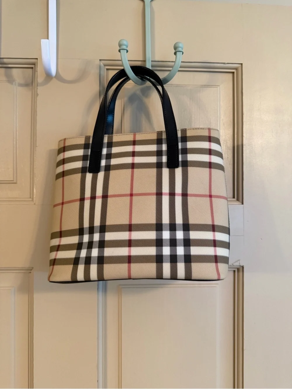 Burberry Beige Mini Tote with Black Handles and Red Accents
